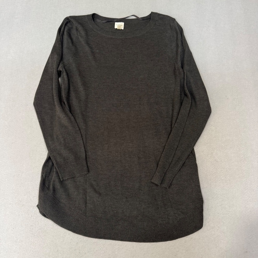 Cupio Sweater Women L Dark Brown Crew Neck Long Sleeve High Low Curved Hem Knit